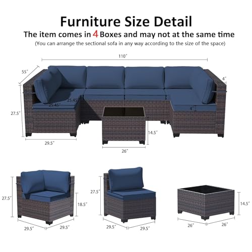 Image of 9 Pieces Outdoor Sectional Furniture All Weather PE Rattan Wicker Patio Conversation Set with Coffee Table and 8 Thickened Cushions,Navy Blue