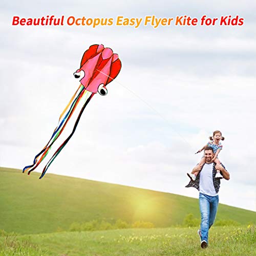 Binory Large Octopus Kite Long Tail Beautiful Easy Flyer Kites Beach Kites with Colorful Ribbon and Kite Board with 98.4ft String Outdoor Parent-Child Toys for Kids Adults Park(Red)
