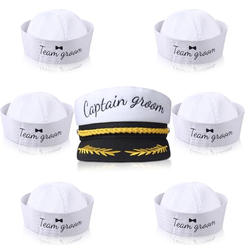 JaGely 7 Pcs Wedding Bachelor Party Hats Include 1 Pcs Groom Captain Hat 6 Pcs Sailor Hat Sailor Cap Bachelor Party Costume Accessory for Wedding