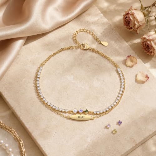 Tobillera personalizada kaululu con nombre y piedra natal de plata ajustable en capas 5