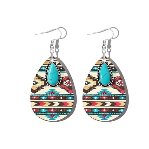 Native American Turquoise Dangle Earrings for Women Bohemia Natural Stone Teardrop Wooden Hook Earring Vintage Western Aztec Earrings Holiday Jewelry