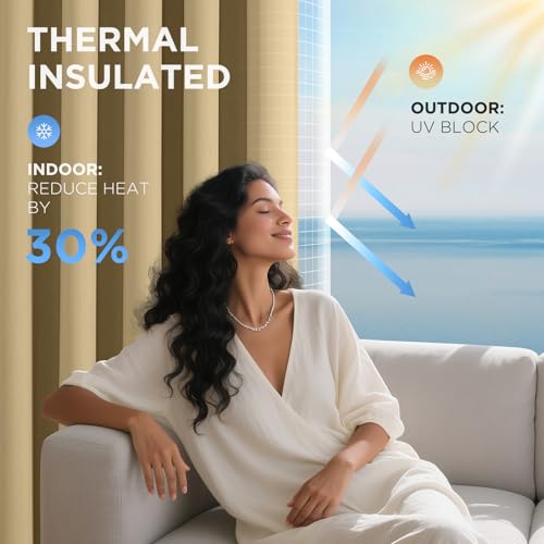 Image of Joydeco Blackout Curtains for Bedroom 66 x 54 Inch, Eyelet Thermal Insulated Energy-saving Drapes for Room Darkening Light Filtering, Short Window Treatments 54 Inch Drop, 2 Panels - Beige