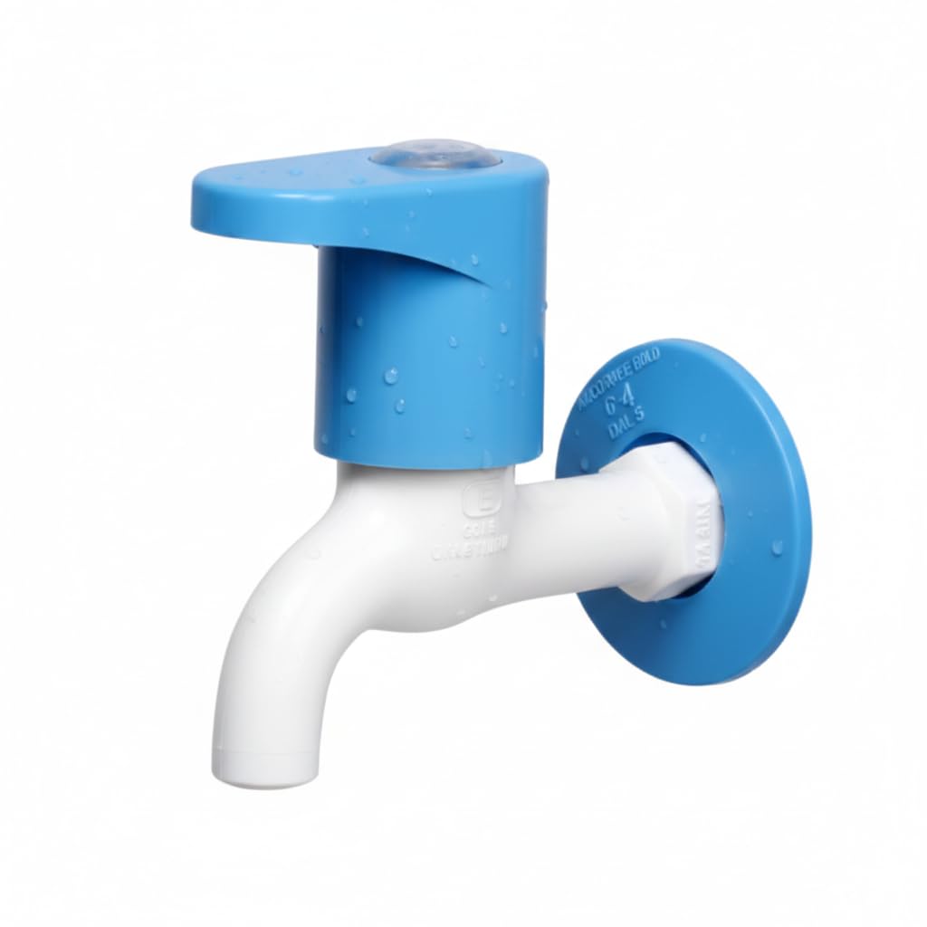SANOVA PTMT Bibcock Wall Mounted Plastic Water Tap with Tools for Bathroom, Rust Free Leak Proof Bib Cock Faucet with Smooth Handle Control, Blue Finish Wall Installation Ready Type, 10 cm