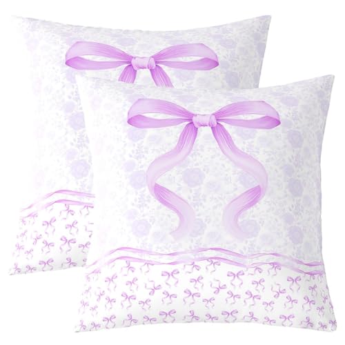 Loussiesd Juego de 2 fundas de cojín románticas con lazo morado para sofá, funda de cojín con lazo para decoración de dormitorio de niños y niñas, 50 x 50 cm