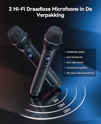 Bluetooth Karaokemachine 400W met 2 Draadloze Microfoons, LED Partyverlichting, TWS, AUX, FM, Opnamefunctie, Draagbare Luidspreker met Lange Batterijduur, Ideaal voor Feesten, Kinderen & Volwassenen - Afbeelding 4