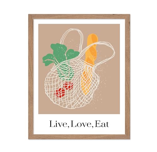 Poster Master Live Love Eat Poster - Retro Bag of Bread and Vegetables Print - Food & Drink Design - Modern Art - Sketch Design - Chic Boho Decor - Restaurant or Kitchen Decor - 11x14 Beige Framed