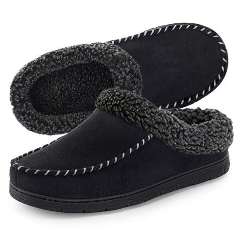 ULTRAIDEAS Men's Warm Fuzzy Moccasin Clog Slipper, Slip on Winter Comfy Indoor/Outdoor House Shoes(Black, 11-12)
