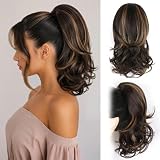 Clip on Ponytails for Women - 14 Inch Curly Ponytail Extension, Wavy Pony Tails Hair Extensions, Synthetic Hair Extensions Ponytail, Clip in Ponytail (Color: Dark Brown with Honey Blonde Highlights)