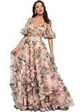 Women Tulle Ball Gowns Dresses Puffy Sleeves Off Shoulder Floral Quinceanera Dress with Bow Coral