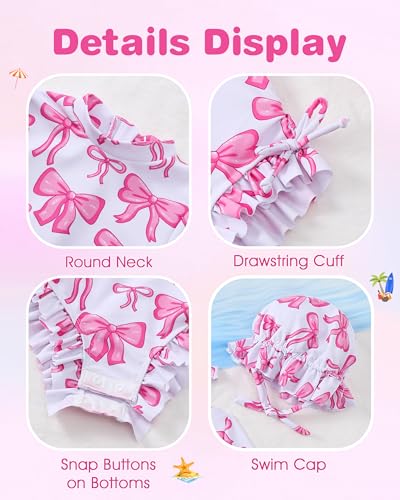 Image of Renotemy Baby Girls Swimsuit Drawstring Zip Bathing Suit Long Sleeve One-Piece Rash Guard Swimwear with Hat for Infant Girl