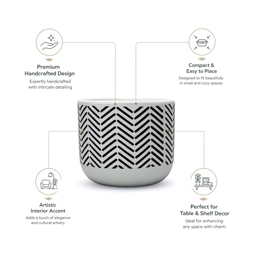 Image of Urban Plant White Chevron Handcrafted Terracotta Planter | Monochrome Indoor Clay Pot for Living Room | Artisan Decorative Flower Pot | Modern Minimal Home Decor | Drainage Hole | 4-6 Inch