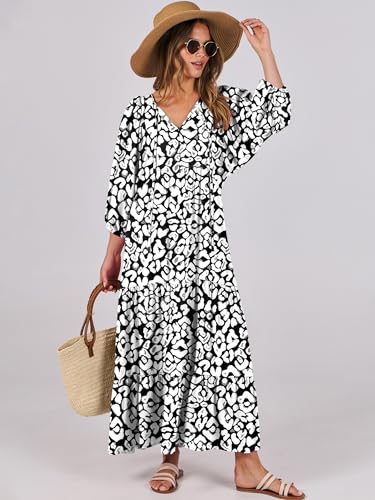 Image of ANRABESS Womens Boho Floral 3 /4 Puff Sleeve Maxi Dress | Tiered Flowy Loose Fit, Comfy Soft Rayon Fabric, Wedding Guest Church Beach, Modest Elegant, Spring Summer Fall Outfits