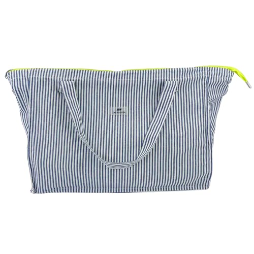 MY WANDER | Bolsa de Playa XXL con Cremallera | Bolso Tamaño Familiar 50L | 54x41x22cm | Plegable y Sostenible | Estampado Rayas Azul