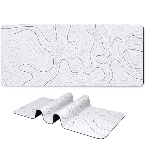 Long Gaming Mouse Pad 31.5 x 11.8 inches, Extended Anime Mousepad, Large Mouse Mat with Non-Slip Base, Full Keyboard Mat with Stitched Edges for Gaming Office (Grey White Topographic Line)