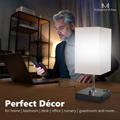 Missionmax Modern Table Lamp White Large 100% Dimmable With 2 Fast Charge Usb Ports & Grounded Outlet For Home And Office #TOP6
