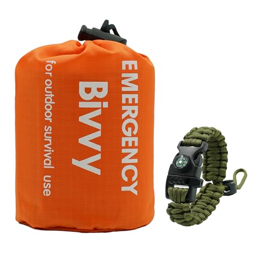 RLXMARTD Emergency Sleeping Bag,Bivy Bags and Emergency Survival Bracelet Suit,with Compass, Whistle and Umbrella Rope. Suitable for emergency survival, outdoor hiking, camping