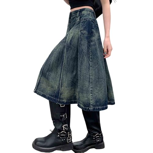 American Distressed Denim Skirt, Washed Pleated Skirt, high Street Loose fit, Oversized A-line mid Length Skirt