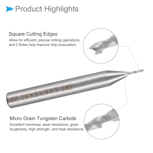 Image of Square Nose End Mill, 1mm x 5mm Cutting 6mm Shank, HSS-AL 2 Flutes CNC Router Bit Milling Cutter - (Applications: for Aluminum Alloy Copper Plastic)