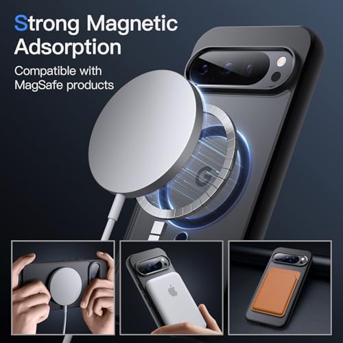 JETech Magnetic Case for Google Pixel 9/9 Pro 2024, Compatible with MagSafe, Translucent Matte Back Shockproof Phone Cover (Black)