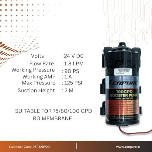 Image of ZENPURE RO 100 GPD Booster Pump 24V DC Copper Winding Works Upto 2000 TDS Compatible with Kent Aquaguard Pureit Livpure and All RO Water Purifiers with 2 Elbow Connectors 1 Year Warranty