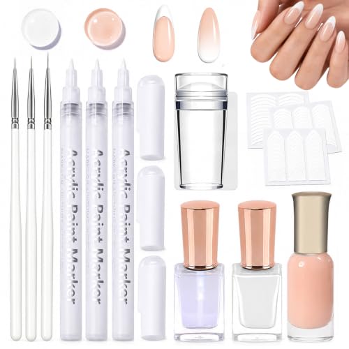French Nails - Französischer Nagellack Set, Jelly Nude & Weiß Nagellack mit Klarlack, 3 Nail Art Pinseln, 3 Weiß