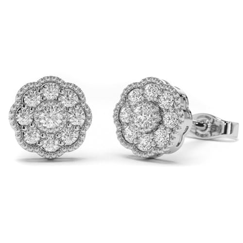 Small Unisex Brilliant Cut 925 Sterling Silver White Gold Plated Round Flower Cluster Halo Hypoallergenic Cz Men's Women's Hip Hop Circle Screw Back Stud Earrings.