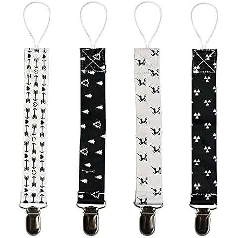 Baby Dummy Clips, Ynaice 4 Pack Pacifier Holder Lanyard, Universal Pacifier Clips Fit All Soothers & Teething Toys, Stylish Design Soother Chains for Baby Boys and Girls - Black/White Cover