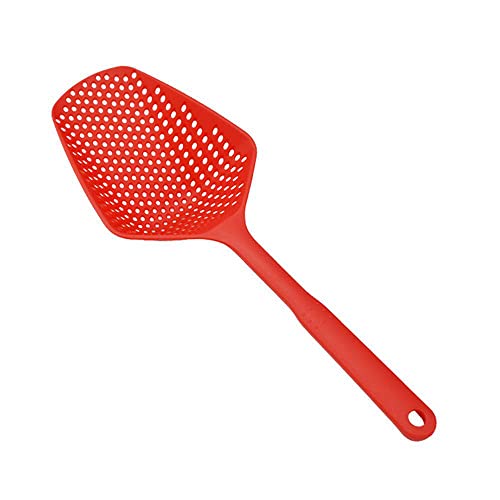 SEIWEI Large Strainer Spoon, Long Handle Tool Colander Draining Scoop, Heat-Resistant Pasta Strainer Cooking Kitchen for Spaghetti, Noodles, Veggies, Non-Slip Grip & Hanging Loop, 13.5'', Red