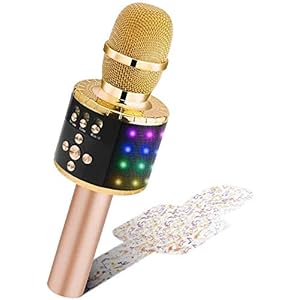 BONAOK Draadloze Bluetooth Karaoke Microfoon met Stuurbare LED Lampen, Draagbare Karaoke-Machine Luidspreker, Verjaardags Feest, Cadeau Speelgoed voor iPhone/Android pc (Lichtgoud)