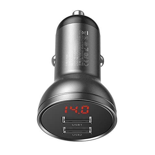 Baseus 24W Dual USB Car Charger – Digital Voltage Display, 4.8A Fast Charging Adapter for Phones & Tablets – Grey