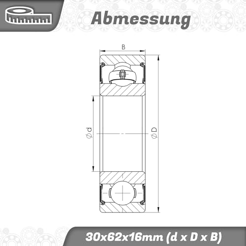 Parts and Parts Rillenkugellager 6206 2RS, 30x62x16mm, DIN 625 ISO 15, Hochgeschwindigkeits-Radiallager, reibungsarm, leichtgängig, ideal für Fahrzeuggetriebe und Industriemaschinen
