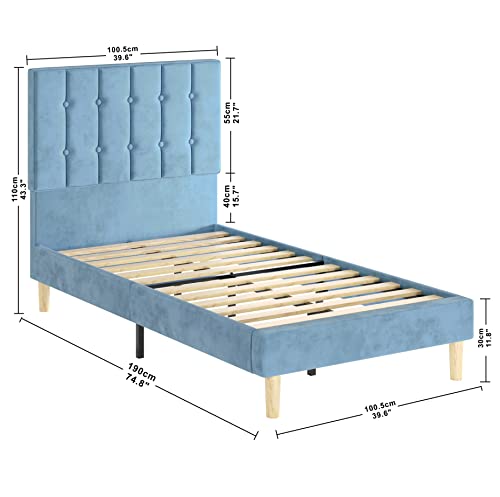 Likimio Twin Bed Frames, Velvet Upholstered Twin Platform Bed Frame With Headboard And Strong Wooden Slats, No Box Spring Needed/Noise-Free/Easy Assembly, Light Blue #TOP1