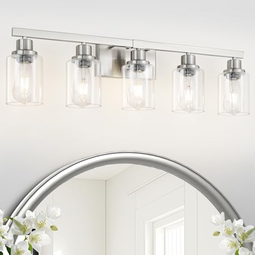 Image of Bathroom Vanity Light, 5-Light Nickel Modern Matte Wall Sconce Lighting with Clear Glass Shade, Wall Lights,Bath Vintage Wall Mounted Lamps for Mirror Bedroom Living Room