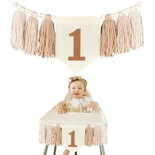 CHIHOLEN 1. Cadeira alta de aniversário, decoração de aniversário de 1 ano, decoração boémio artesanal, grinalda vintage de linho para meninas e meninos, para festas de bebé e duche (castanho)