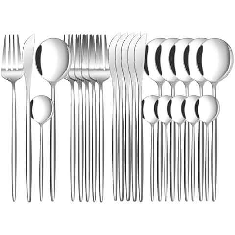 LYFJXX 24-Piece Silverware Set, Stainless Steel Flatware Set for 6, Fork Spoon Knife Set, Home Dinnerware Tableware Set for 6, Cutlery Set, Include Knives/Forks/Spoons Silver Cover