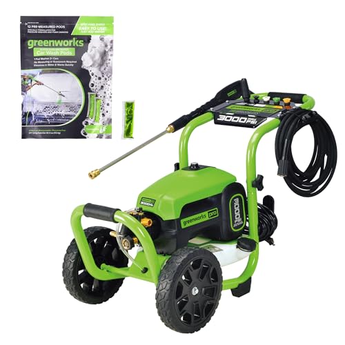 Image of Greenworks Pro Brushless 3000 PSI (CSA Certified) 2.0 GPM Max / 1.1 GPM Electric Pressure Washer (Foldable Handles, Rugged Steel Frame, 25 FT Hose, 35 FT GFCI Power Cord) + Car Wash Pods (12 Count)
