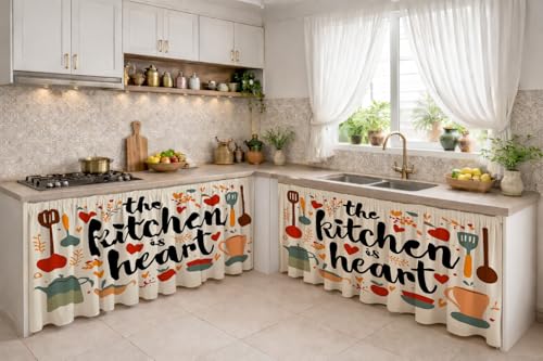 Image of Under Sink & Counter Curtain for Modular Kitchen - Printed Fabric Rod Pocket Hanging Skirt, Washable Under-Counter Cover, Pack of 2 Panels (Each Panel: 150 x 70 cm) (Kitchen Heart)