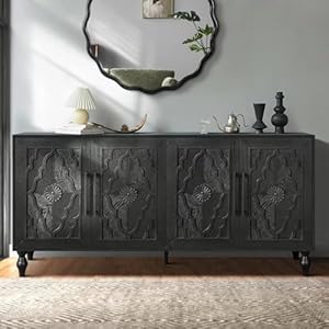 Sideboard Buffet Credenzas for Living Room 63 Antique Black Entryway Table with Storage Accent Cabinet Carved Flowers Doors Wire Holes