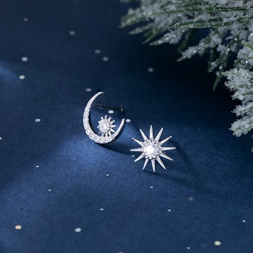 Reffeer Solid 925 Sterling Silver CZ Moon Star Earrings Stud for Women Teens Moon Sun Studs Earrings Asymmetric4