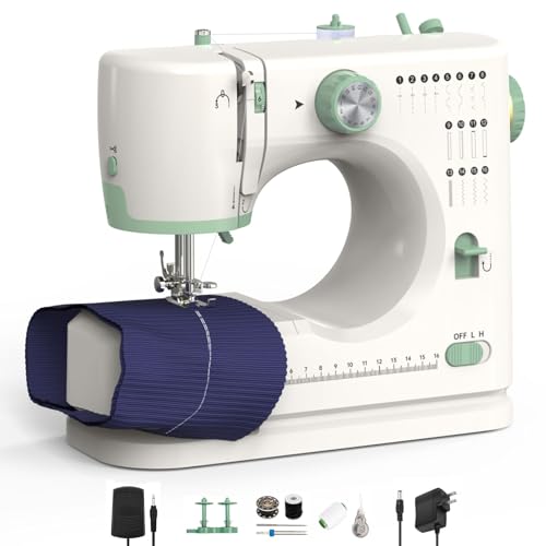 Weaving everything: Beginner sewing machine, portable packaging, 16 different thread types, adjustable sewing speed, with two needle types, foot pedal (White)