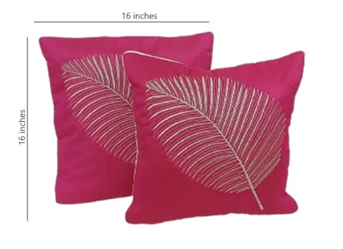 Image of Fab Nation Polyester Fabric Pink Decorative Cushion Covers with Golden Zari Leaf Embroidered Set of 5 for Home Decor | Throw /Pillow Cover 16x16 inches for Bedroom Sofa