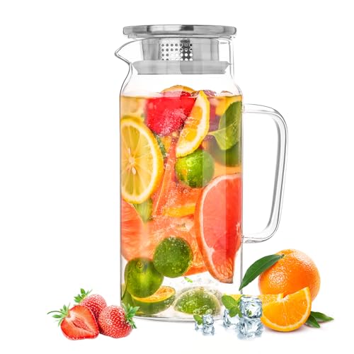 Glass Pitcher with Lid, 1200ml Leak Proof,Glass Water Jugs, BPA-Free,Microwave & Dishwasher Safe Pitcher,Sun & Iced Tea, Sangria,Cold Brew Coffee & More