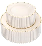 supernal 100pcs Ivory Plastic Plates with Gold Beads - Heavy Duty Elegant Disposable Plates Set I...