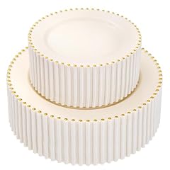 100Pcs Ivory and Gold Plastic Plates