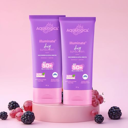 Image of Aqualogica Illuminate+ Dewy Sunscreen SPF 50+ PA++++ with Anti Pollution Factor (APF) | Wild Berries & Alpha Arbutin - 80g (Pack of 2) | SPF 50+ PA++++ for UVA /B & Blue Light Protection | Fragrance-Free | For Luminous & Sun Protected Skin | Comes With Anti Pollution Factor