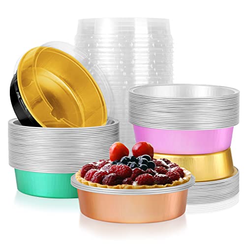Mini Pie Tins With Lids,Heyyumi 50Pcs 8Oz Aluminum Foil Mini Cake Pans,Disposable Ramekins Muffin Tins,Foil Baking Cups,Cupcake Cups Containers Liners,Dessert Cups Flans For Tarts Pies(Mixed5) #TOP8