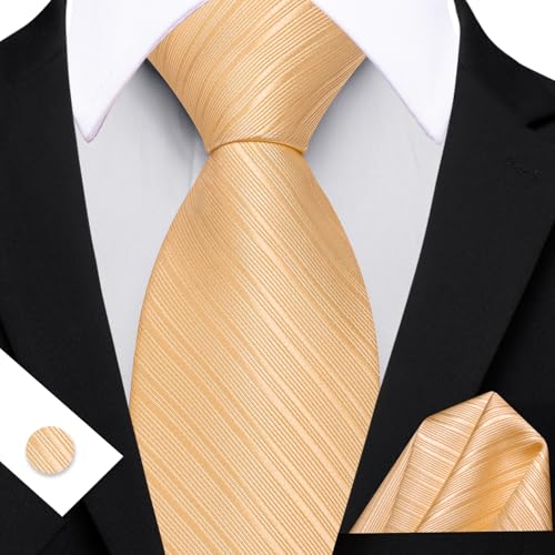 Image of Barry.Wang Solid Striped Tie for Men Silk Necktie Pocket Square Cufflinks Formal Wedding Party Business