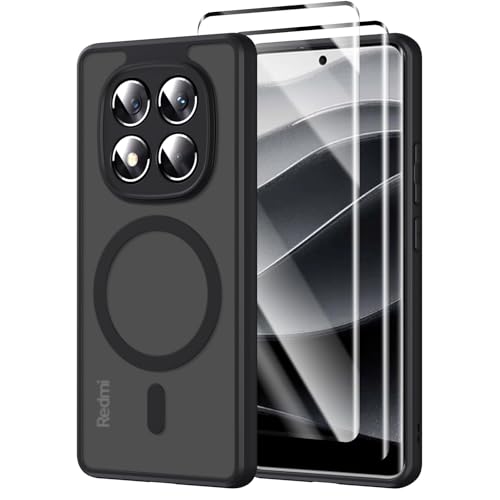 Pnakqil Magnetisch für Xiaomi Redmi Note 14 Pro 5G/Poco X7 5G Hülle für Magsafe Matt Transluzente Handyhülle mit 2 Panzer Schutz Glas PC Härte Kratzfest Matte Dünn Magnetische Case Schwarz