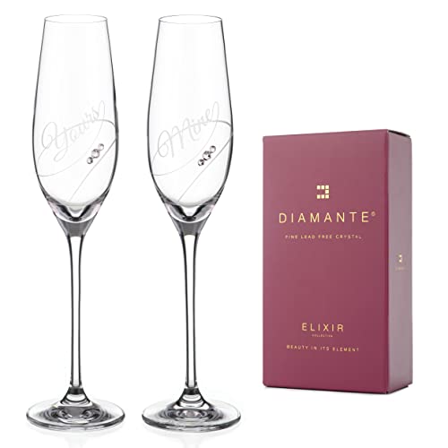 Diamante Crystal Champagne Flutes Prosecco Glasses - Yours & Mine - Set of 2 in Gift Box