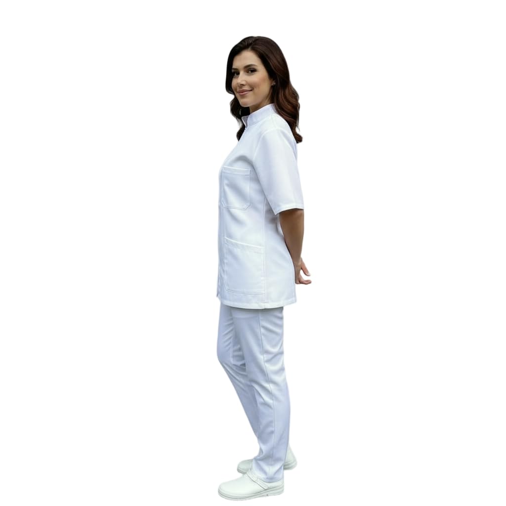Traje completo de trabajo blanco cremallera cuello corano unisex algodón estético enfermera/A